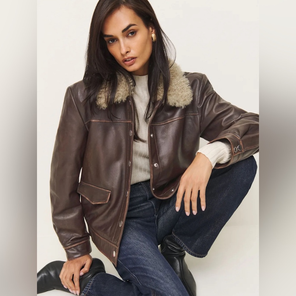 Reformation Veda Brandon Brown Leather Jacket with Shearling Collar